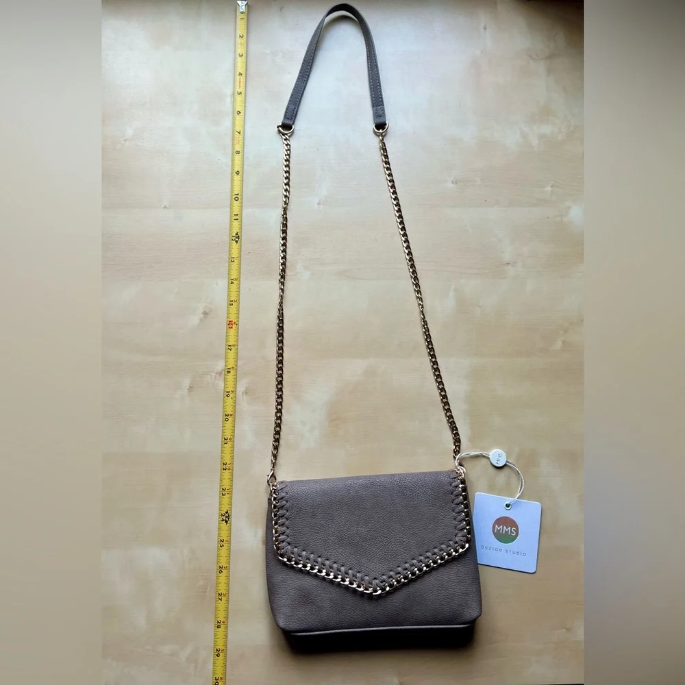 MMS Design Studio Taupe Crossbody Bag with Gold-Tone Chain & Whipstitch Trim - Picture 4 of 10